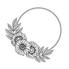 Vector sunflowers round frame illustration, line art floral wreath. Graphic monochrome drawing. Hand drawn flowers outline sketch, engraved illustration. Template for wedding invitation, logo.
