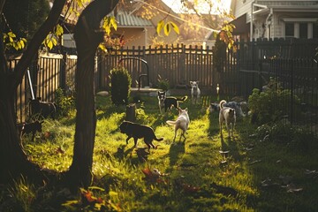 A lively scene in a sunlit backyard with multiple dogs playing and exploring amidst greenery