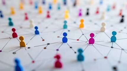Multicolored miniature figures connected by network lines over a surface