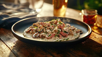 Steaming beef stroganoff with mushrooms on rustic wooden table.