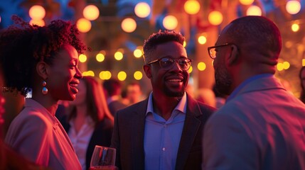 Evening outdoor social gathering with diverse individuals engaging in conversation under string lights