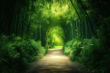 Obraz premium Serene bamboo forest path leading into lush greenery, inviting exploration amidst nature's tranquility