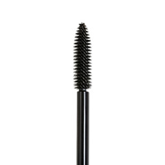 Mascara applicator brush against a black background.