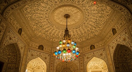 Ornate chandelier in palace's intricately decorated room