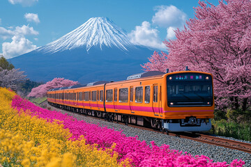 Scenic Japanese train passing through cherry blossoms with Mount Fuji in the background during spring - Generative AI