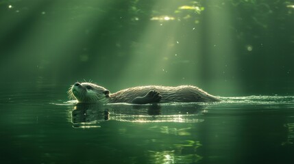 Fototapeta premium Otter floating on calm water, sun rays.