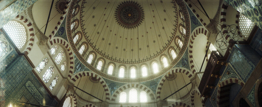 Panoramic view of interiors of a mosque, Rustem Pasha mosque, Istanbul, Turkey.