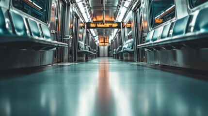 Fototapeta premium Empty subway car interior with seats and shiny floor.