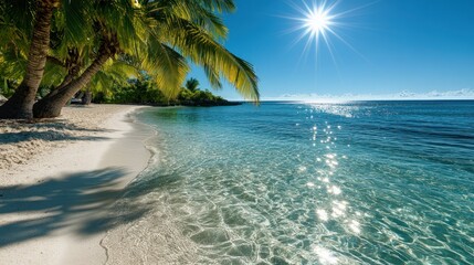 Tropical beach paradise, pristine white sand, turquoise water, lush palm trees, sunny day