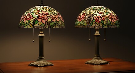 Pair of Illuminated Tiffany-Style Lamps on Wooden Table