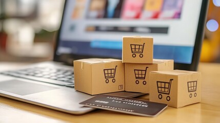 Online shopping workspace laptop scene home office digital environment contemporary viewpoint e-commerce concept