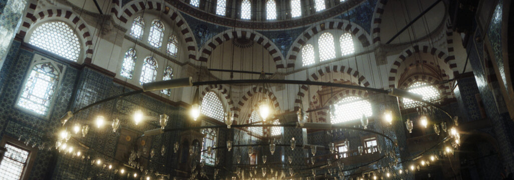 Panoramic view of interiors of a mosque, Rustem Pasha mosque, Istanbul, Turkey.