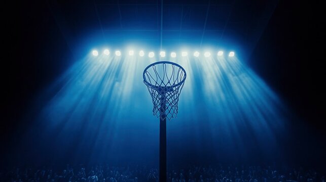 Dramatic basketball hoop illuminated by spotlights in a packed arena during an intense game