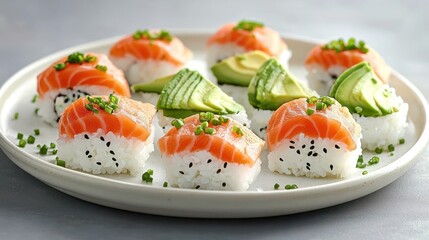 Delicious salmon and avocado sushi rolls on a plate.