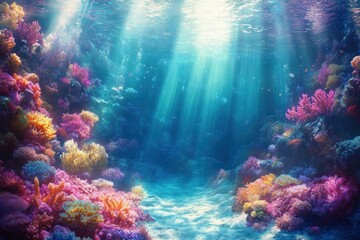 Fototapeta premium Vibrant underwater coral reef scene with colorful corals and sunlight filtering through water