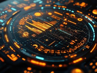 Futuristic digital interface displaying data analytics with glowing elements and graphs