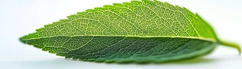 Leaf in focus on white surface showing veins, for biology, science, and nature publications