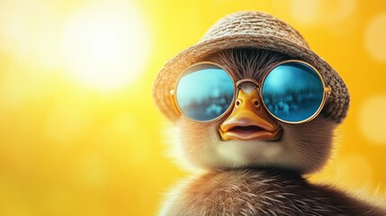 Cute duckling in sunglasses and hat, sunny day, bokeh background.  Possible use greeting card, social media