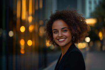 Obraz premium Young smiling business posing confidently, dressed in modern business clothes, against a backdrop of tech city with illuminated office building. Inovation, Startup, Bank, Fintech.