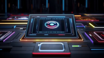 Futuristic digital display panel with glowing circuit board and glowing lines.