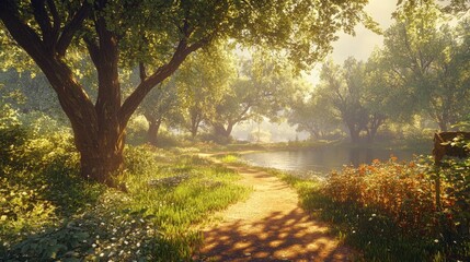 Serene nature path beside a tranquil river, surrounded by lush greenery and vibrant flowers