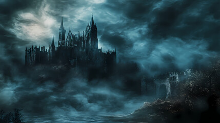 Fototapeta premium Brooding castle echoing with spectral whispers, hyperrealistic photo. Spectral - Ghost. Illustration