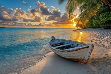 Tranquil sunset over a deserted beach with a weathered boat resting on the shore, palm trees swaying