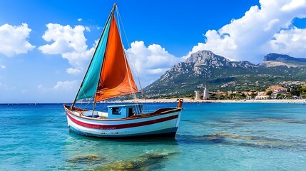 Fototapeta premium Colorful sailboat in turquoise water, mountains in the background