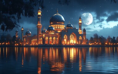 Illuminated Mosque at Night with Full Moon and Water Reflections

