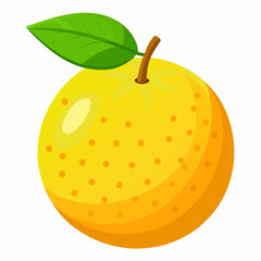 Bright yellow lemon with green leaf and stem against a white background