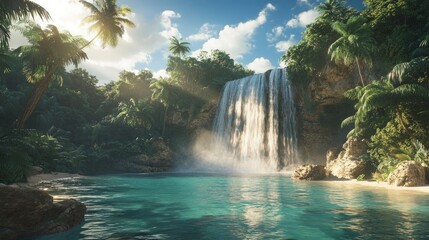 Fototapeta premium Serene tropical waterfall cascading into a tranquil lagoon surrounded by lush greenery and sunlight