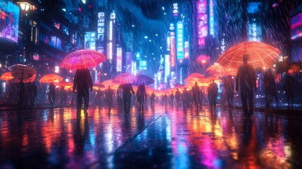Obraz premium Rainy Night Cityscape, Neon Lights, Crowd