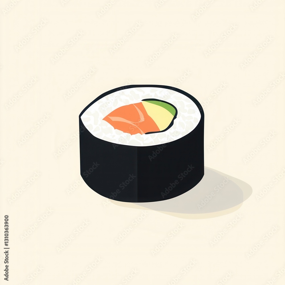 Poster Flat sushi roll icon featuring salmon and avocado in clean minimal style with pastel tones perfect for Japanese food branding and design