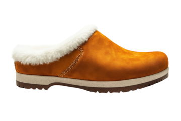 Stylish orange clog with faux fur lining perfect for indoor and outdoor comfort in cooler weather