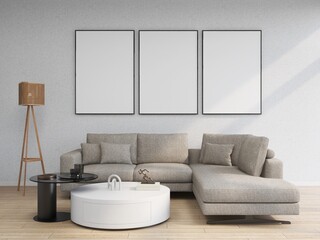 Living room with beige wall, three blank vertical frames and interior decoration 3D rendering, interior design, 3D illustration