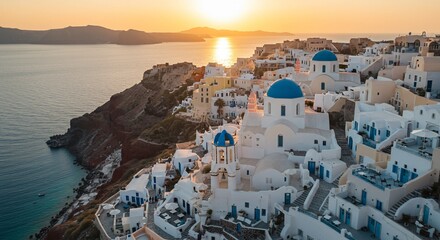 Obraz premium Santorini Sunset Aerial View of Volcanic Island Village