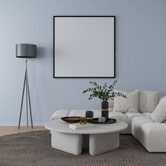 Living room with grey wall, blank square frame and interior decoration 3D rendering, interior design, 3D illustration