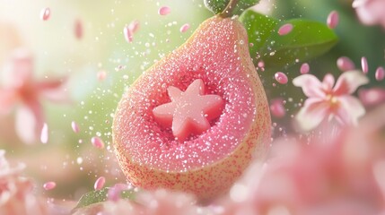 Pink pear halved, revealing star-shaped candy, surrounded by pink blossoms and water droplets.
