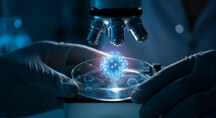 Scientist Examining Virus Under Microscope in Lab