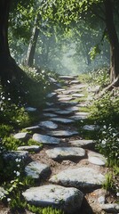 Obraz premium Sunlit Stone Path Through Lush Forest