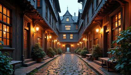 Fototapeta premium Charming alleyway with illuminated buildings at dusk