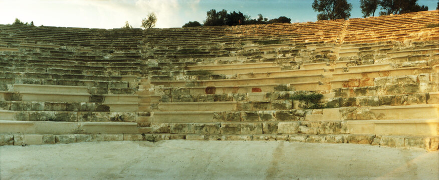 Panoramic view of ancient antique theater in Kas at sunset, Antalya Province, Turkey.