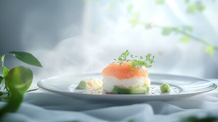 Steaming salmon sushi on rice with avocado.