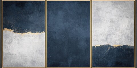 Abstract Triptych Painting Blue, Gray, Gold.