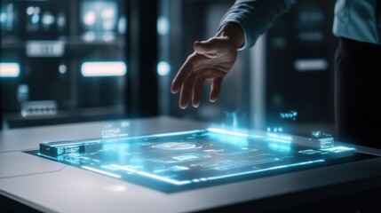 A salesperson confidently presents a hologram showcasing the features of a futuristic gadget. The hologram hovers above a sleek table with the salesperson extending their hand toward