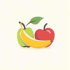 Modern minimalist fruit design featuring an abstract apple, pear, and banana on a clean white background with soft shadows
