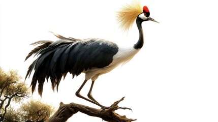 Fototapeta premium Grey crowned crane perched on a branch, isolated on white background.