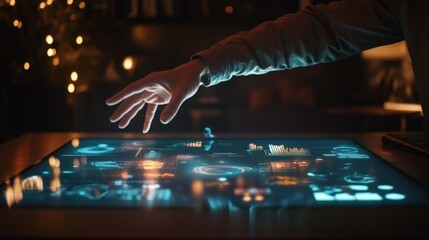 A modern workspace illuminated by soft ambient lighting featuring a holographic interface projected in midair. A focused team member interacts with the hologram using hand gestures