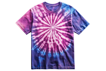 Vibrant tie-dye shirt with spiral pattern in purple, pink, and blue hues displayed against a light background