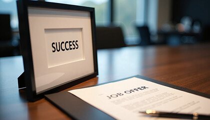Success framed on desk with job offer letter